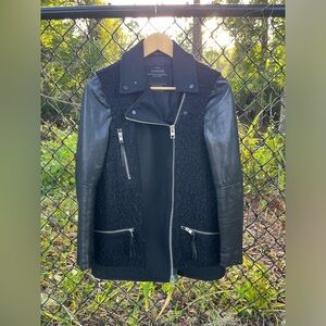 All Saints Black Wool and Leather Moto Jacket Size Small 4